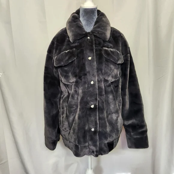 UGG Women's Frankie Trucker Faux Fur Jacket Ink Grey Sz M Warm Soft Cozy - Picture 2 of 16